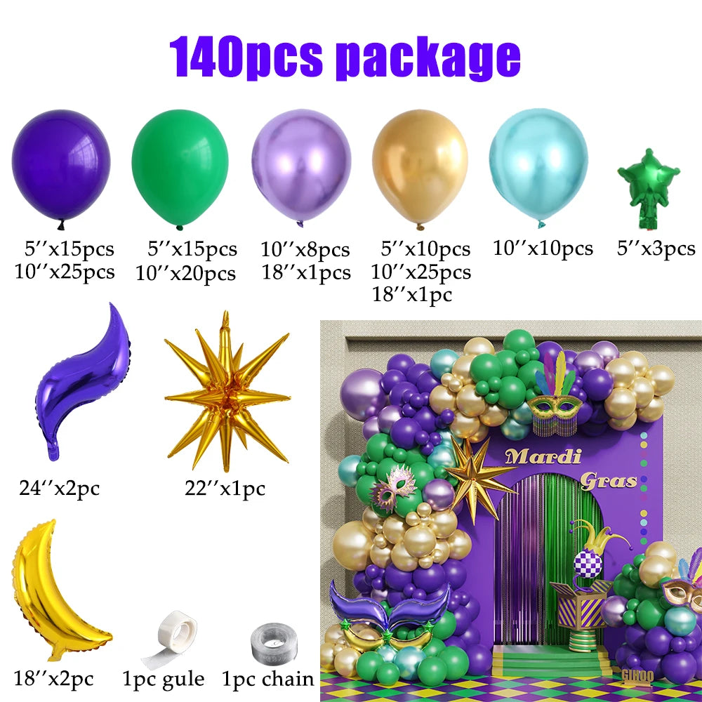 Kit de arco de guirlanda de balão de ouro verde roxo carnaval 140 peças com grande