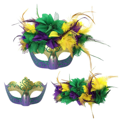 Bandanas de carnaval, roxo, amarelo, verde, penas falsas, para carnaval e máscara