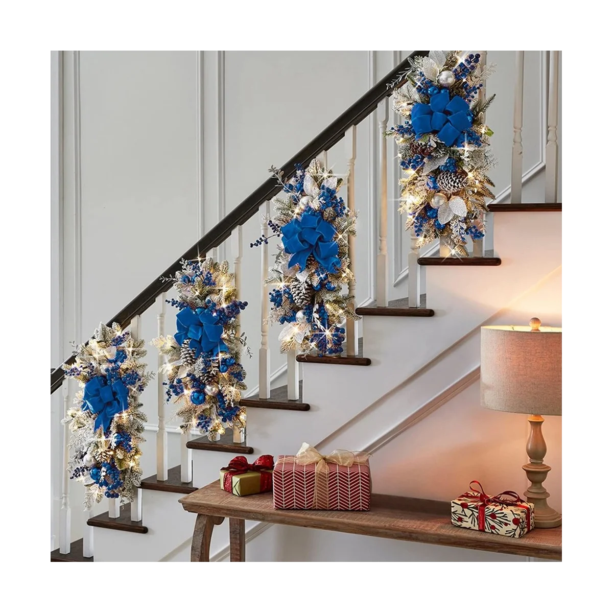 Guirlanda de escada de Natal LED, guirlanda de Natal artificial azul com luz LED, acabamento