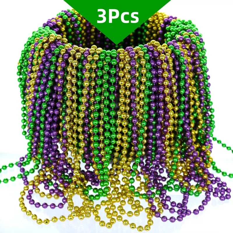 3 peças de contas de carnaval, 83 cm, ouro metálico, verde, roxo, contas de carnaval