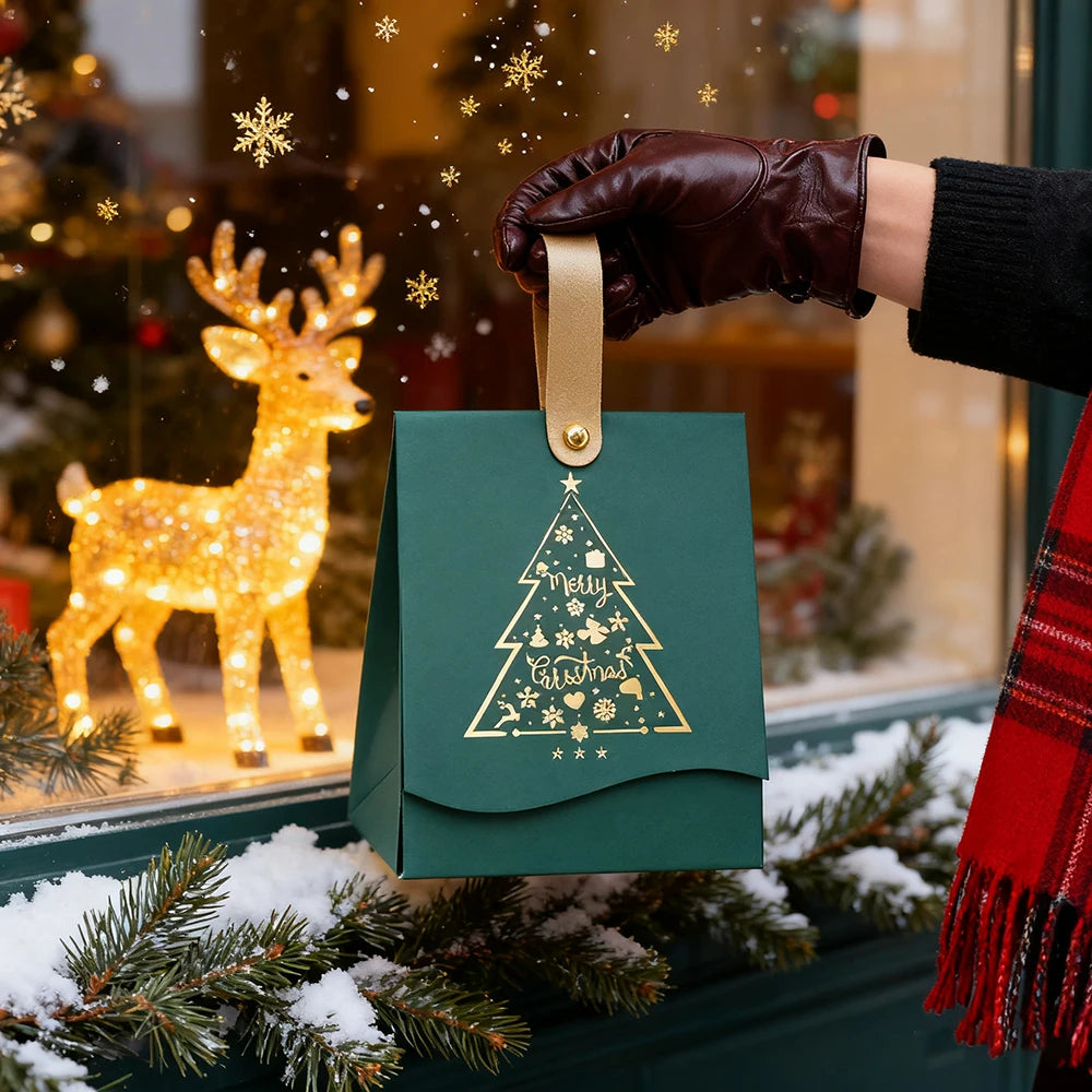 Caixas de Presente com Estampa de Árvore de Natal 12 Peças Alças de Couro Embalagem
