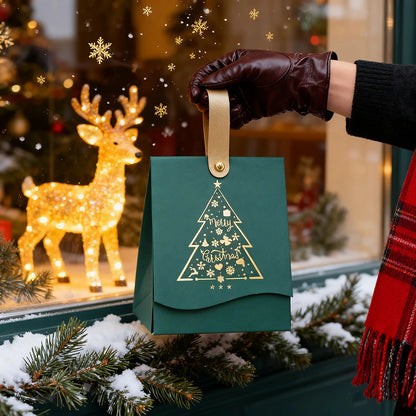 Caixas de Presente com Estampa de Árvore de Natal 12 Peças Alças de Couro Embalagem