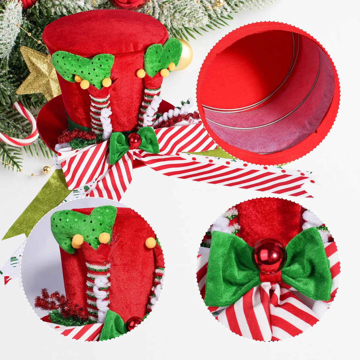 Ponteira Natal Premium Ponteira Decorativa Árvore de Natal, Enfeite Árvore Natalina Chapéu Vermelho Bengalas