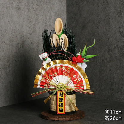 Vaso Três Tubos Leque Dourado com Placa de Madeira, Adorno de Mesa de Ano Novo Japonês (Kadomatsu)