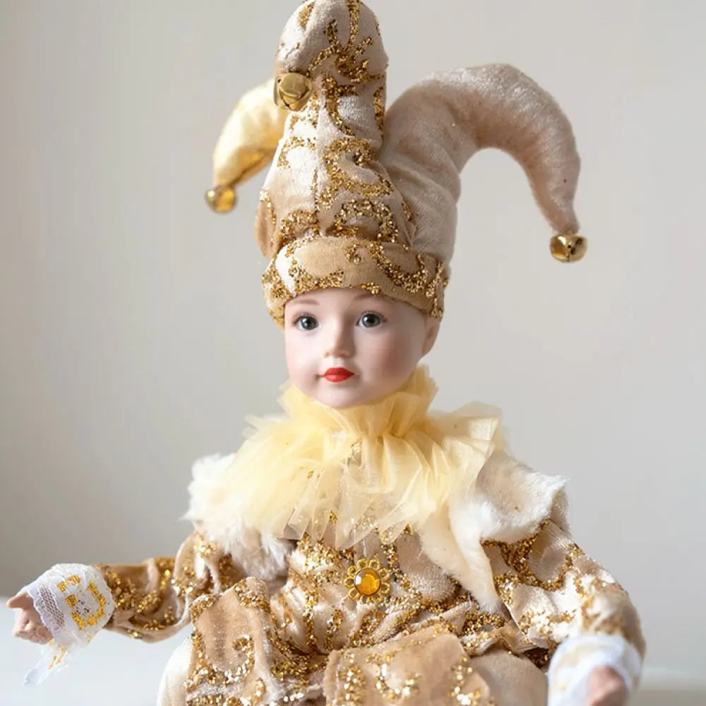 Bonecos Decorativos de Palhaço ou Pierrot de Natal com Pernas Articuladas em Tons Dourado, Vermelho, Prata