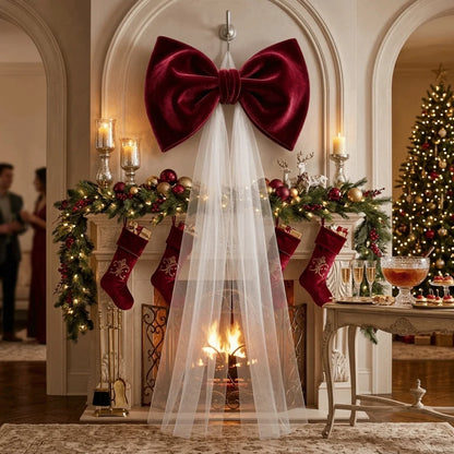 Laço de Veludo com Cauda Longa em Tule/Organza, Ornamento para Árvore de Natal e Shopping
