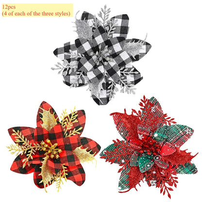 Flor de Poinsétia Artificial Xadrez para decoração de Natal, Tamanho: Cerca de 14 cm a 14,5 cm de largura.