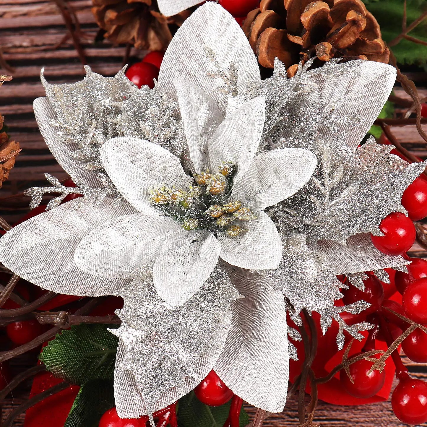 Flor Vermelha Natalina com Glitter  Flores Natal Artificiais Glitter de 14 cm, 5/10/20/50 Peças