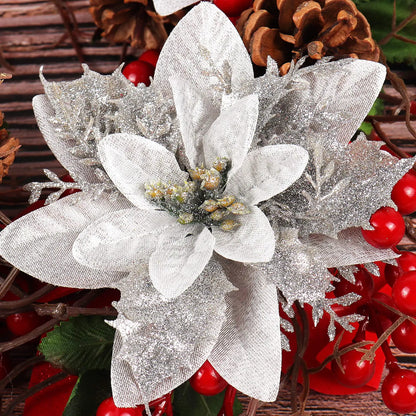 Flor Vermelha Natalina com Glitter  Flores Natal Artificiais Glitter de 14 cm, 5/10/20/50 Peças