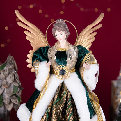 Enfeite de árvore de anjo de Natal asas douradas, elegante estatueta anjo vestido verde