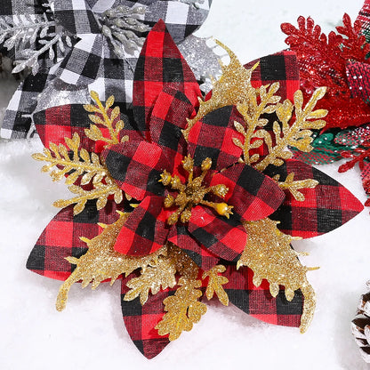 Flor de Poinsétia Artificial Xadrez para decoração de Natal, Tamanho: Cerca de 14 cm a 14,5 cm de largura.