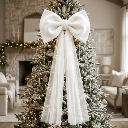 Laço de Veludo com Cauda Longa em Tule/Organza, Ornamento para Árvore de Natal e Shopping