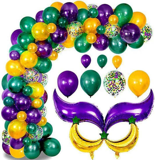 Kit de arco de guirlanda de balões de carnaval, 114 peças, ouro verde roxo balões