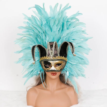 Máscara Veneziana Arlequim com Penacho de Plumas Pretas (Máscara de Bobo da Corte / Carnaval Veneziano)