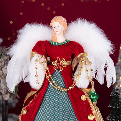 Enfeite de árvore de anjo de Natal asas douradas, elegante estatueta anjo vestido verde