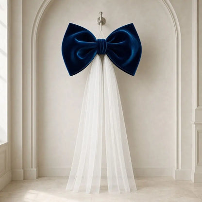 Laço de Veludo com Cauda Longa em Tule/Organza, Ornamento para Árvore de Natal e Shopping