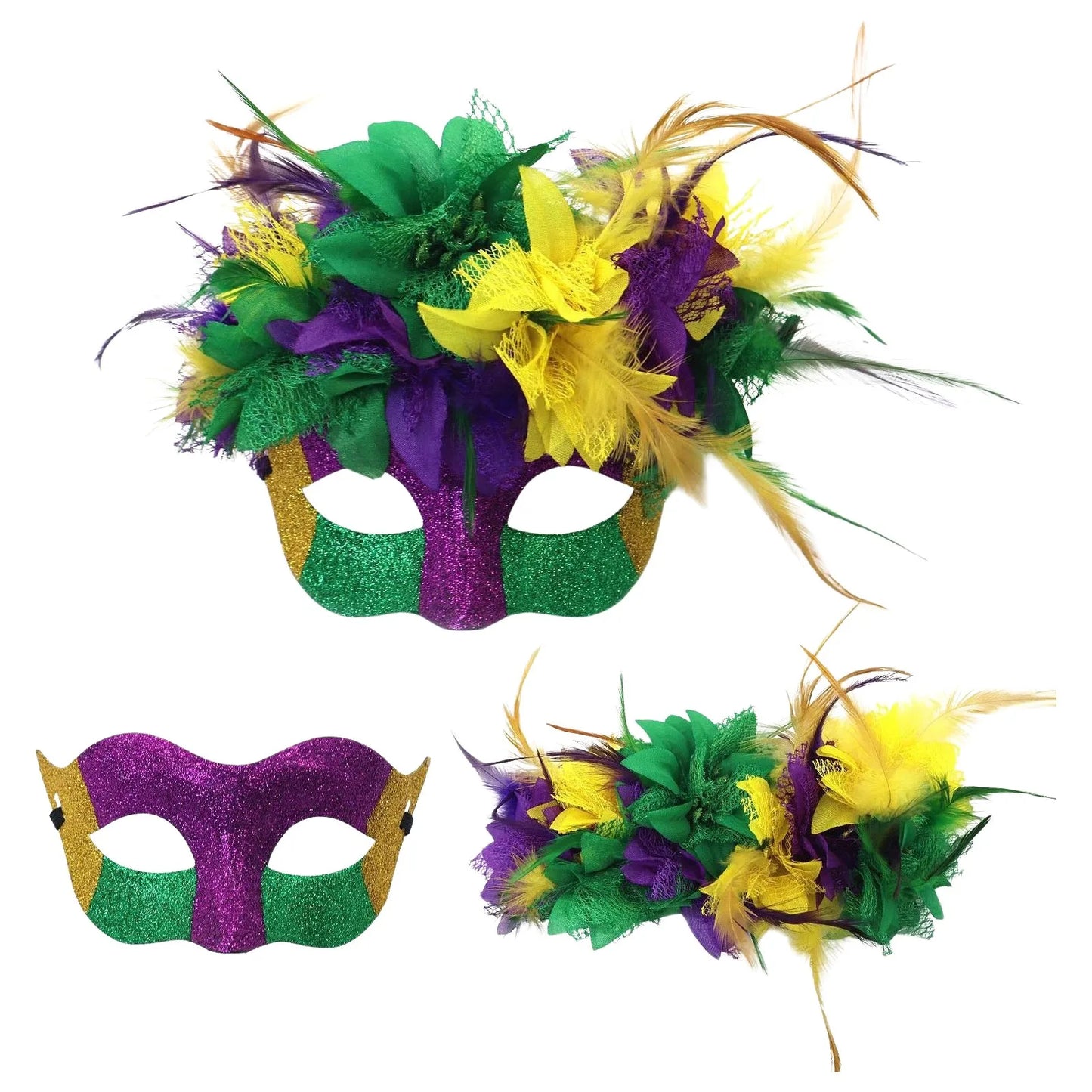 Bandanas de carnaval, roxo, amarelo, verde, penas falsas, para carnaval e máscara