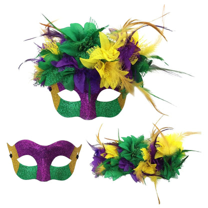 Bandanas de carnaval, roxo, amarelo, verde, penas falsas, para carnaval e máscara