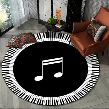 Tapete Redondo Antiderrapante com Estampa Colorida Teclas de Piano e Símbolos 150cm