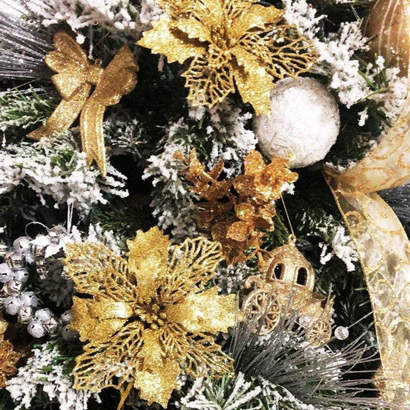 10 Peças de flores artificiais de poinsétia com glitter de Natal, decorações de flores