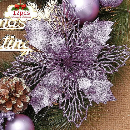 10 Peças de flores artificiais de poinsétia com glitter de Natal, decorações de flores