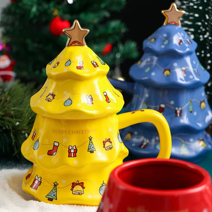 Canecas de Cerâmica em Formato de Árvore Natal Tampa e Detalhes Coloridos Capacidade/*401ml*500ml