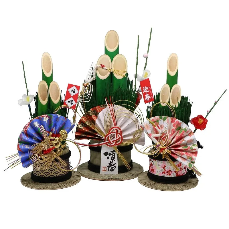 Vaso Três Tubos Leque Dourado com Placa de Madeira, Adorno de Mesa de Ano Novo Japonês (Kadomatsu)
