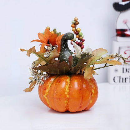 Festa Junina Abóbora artificial com flores, decoração de ação de graças com folhas bordo