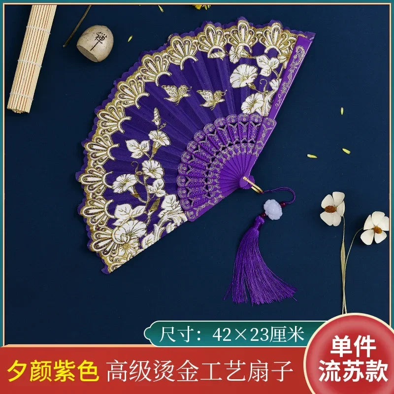 Leque Ventilador de mão de desempenho elegante borboletas de flores bronzeadoras