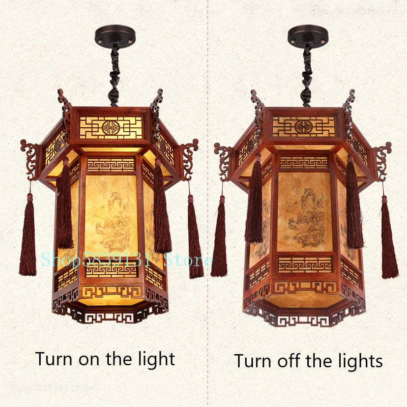Luminária pendente de lanterna de madeira vermelha estilo chinês, abajur retrô