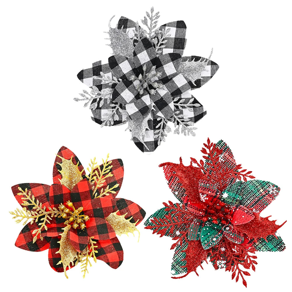 Flor de Poinsétia Artificial Xadrez para decoração de Natal, Tamanho: Cerca de 14 cm a 14,5 cm de largura.