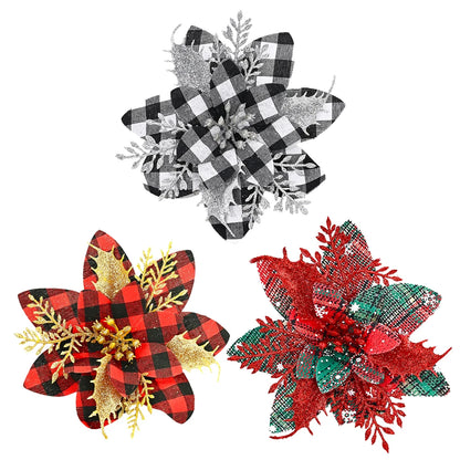 Flor de Poinsétia Artificial Xadrez para decoração de Natal, Tamanho: Cerca de 14 cm a 14,5 cm de largura.