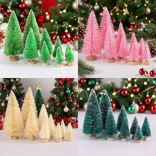 Mini Árvores de Natal Com Base Madeira, Decoração Versátil, Bens Realistas e Ornamentos