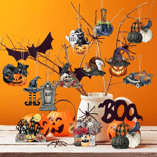 36 Peças de enfeites de madeira de Halloween vintage decorações de Halloween árvore