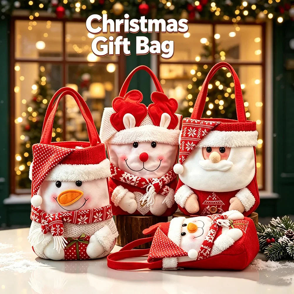 Sacolinha de Natal para Doces Lembrancinha Feltro 3D - 29x22cm, Kit Sacolas Natalinas de Tecido