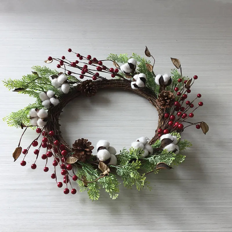 Guirlanda de flores de algodão seco, guirlanda de Natal, pingente de porta, decoração