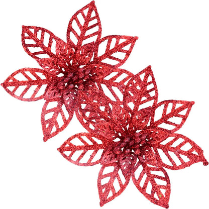 Flor Natalina Bico-de-Papagaio (Poinsétia) Vazada com Glitter Vermelha Kit 8 Flores