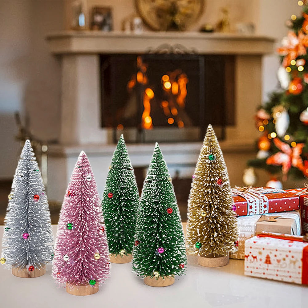 Árvores de Natal em Miniatura de Mesa - Pinheiro Artificial com Base de Madeira, Enfeite
