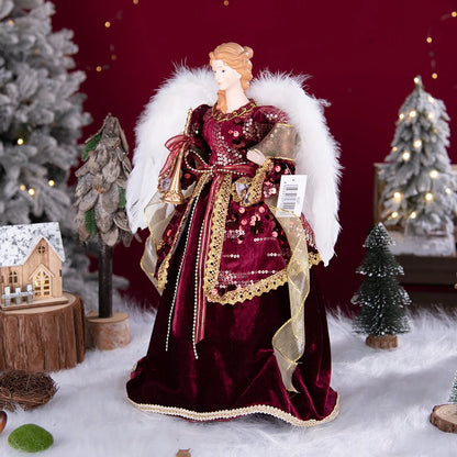 Enfeite de árvore de anjo de Natal asas douradas, elegante estatueta anjo vestido verde