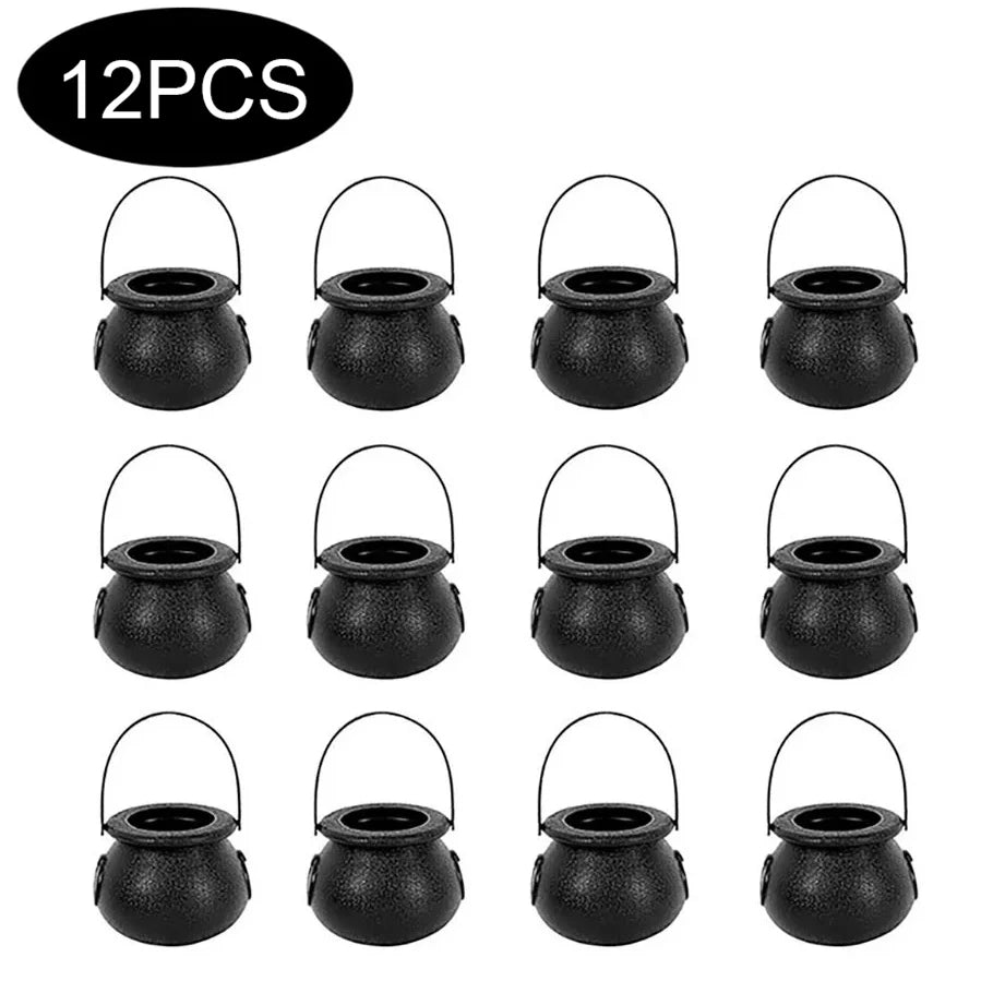 Mini caldeirão de plástico a granel com alça, 12 peças, caldeirão preto, 5 x 7 cm, balde