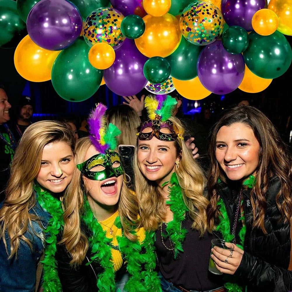 Kit de arco de guirlanda de balões de carnaval, 114 peças, ouro verde roxo balões