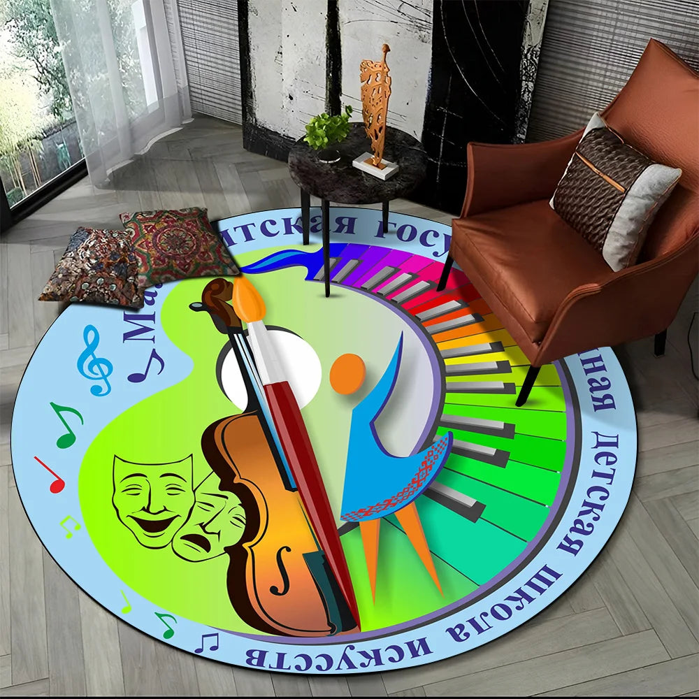 Tapete Redondo Antiderrapante com Estampa Colorida Teclas de Piano e Símbolos 150cm