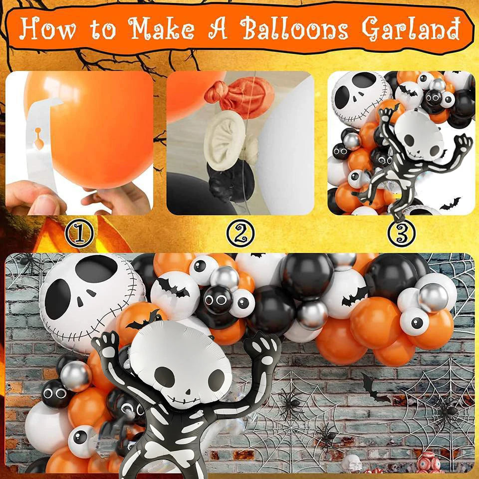 Balão Halloween, Balões látex coloridos com teia aranha - Guirlanda balões preto laranja