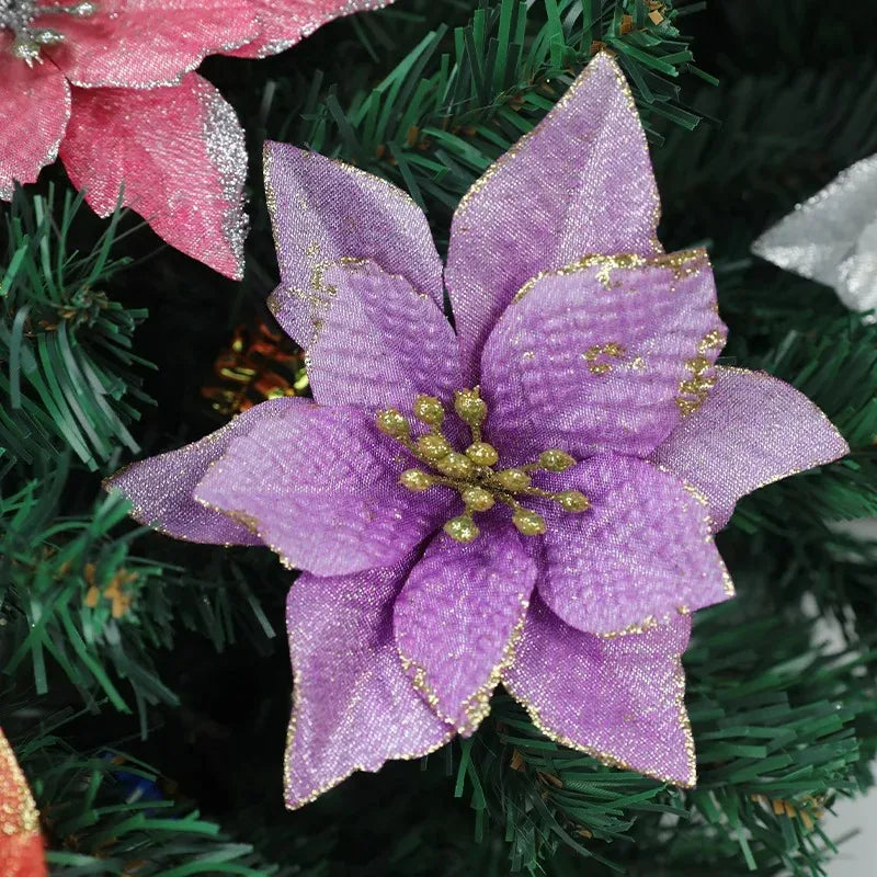 Flores Natal Glitter Artificial 10/100 peças de Enfeite de Árvore de Natal de Poinsétia Glitter