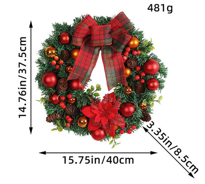 Guirlanda de Natal iluminada de 37,5 cm com grande laço xadrez de búfalo, pinhas e frutas