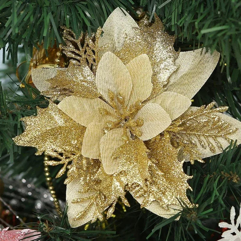 Flor Vermelha Natalina com Glitter  Flores Natal Artificiais Glitter de 14 cm, 5/10/20/50 Peças