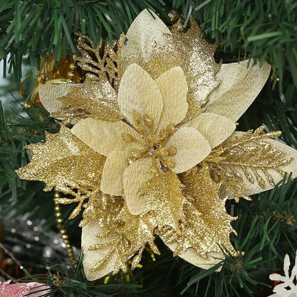 Flor Vermelha Natalina com Glitter  Flores Natal Artificiais Glitter de 14 cm, 5/10/20/50 Peças