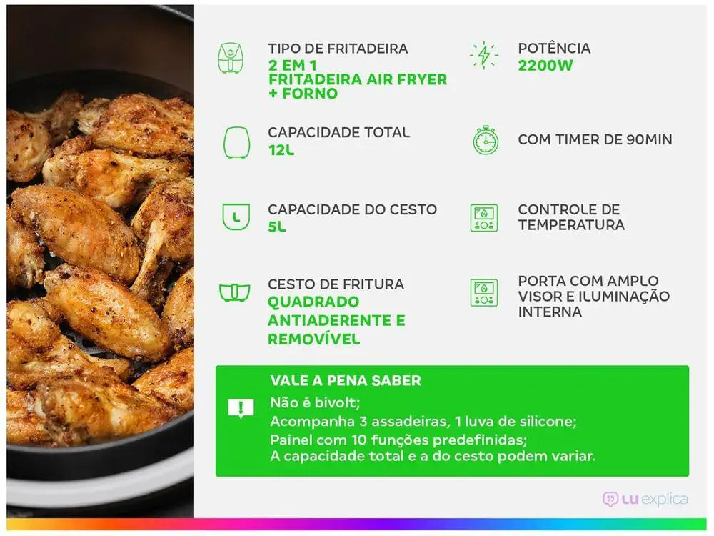 Fritadeira Elétrica sem Óleo/Air Fryer Mondial Forno Oven AFON-12L-BI Preta 12L/220V