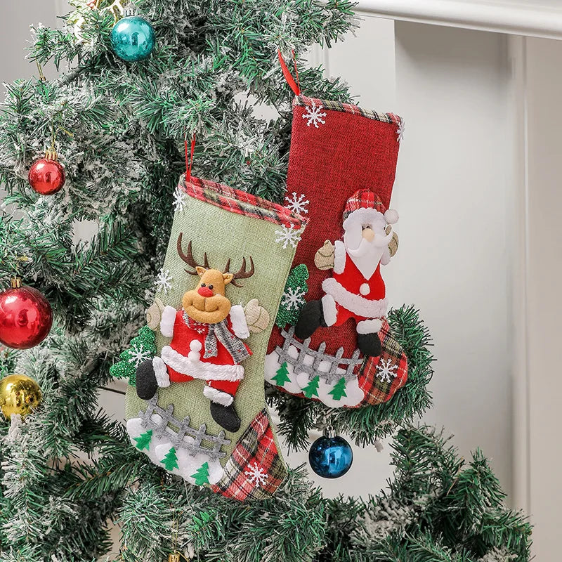 Meia de Natal Decorativa com Rena Papai Noel 30cm Rústica, Meia de Natal para Pendurar