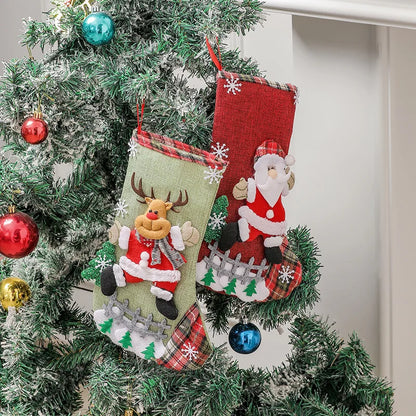 Meia de Natal Decorativa com Rena Papai Noel 30cm Rústica, Meia de Natal para Pendurar